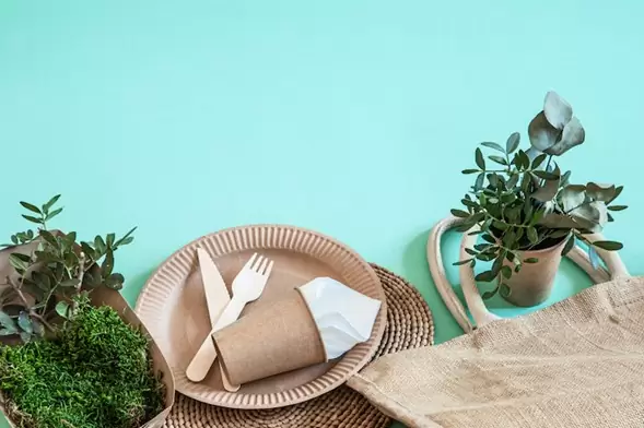 Servilleta de papel junto a vajilla ecológica